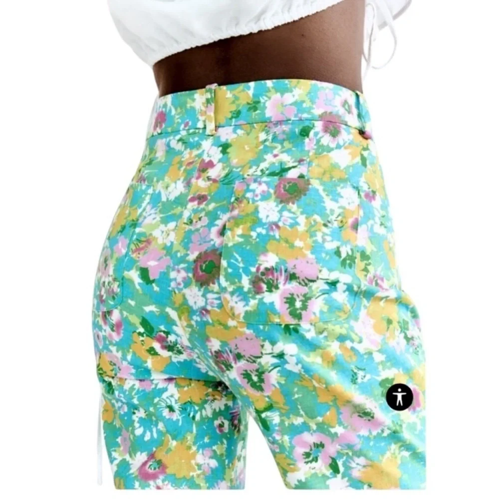 NWT Zara Multicolor Floral Cropped Mini Flare Size 4 Linen Blend Pants